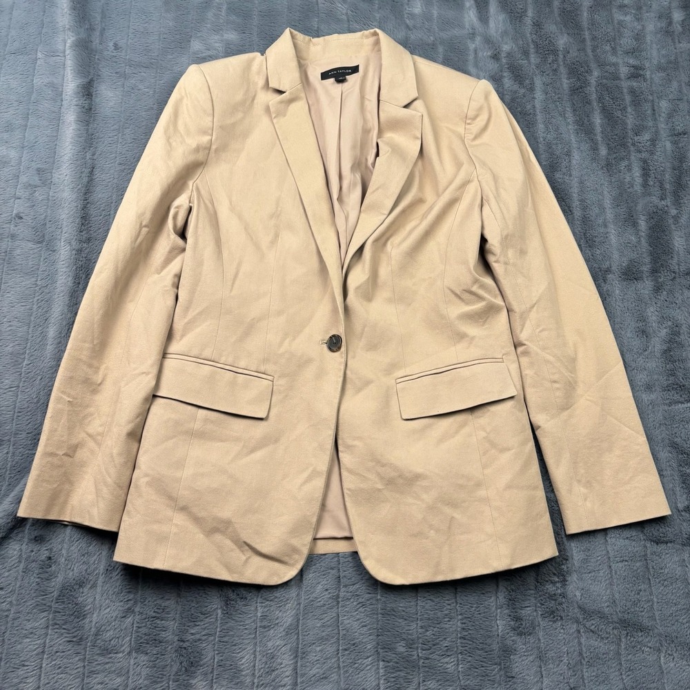 Ann Taylor Womens Tan Cotton Blend Single Button Blazer Jacket Size 12 Khaki